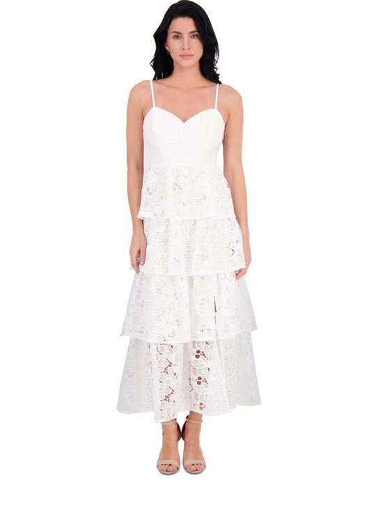 Siena Dresses & Skirts - Siena Womens White Tiered Floral Lace Maxi Dress Spaghetti Straps Size 2 Elegant